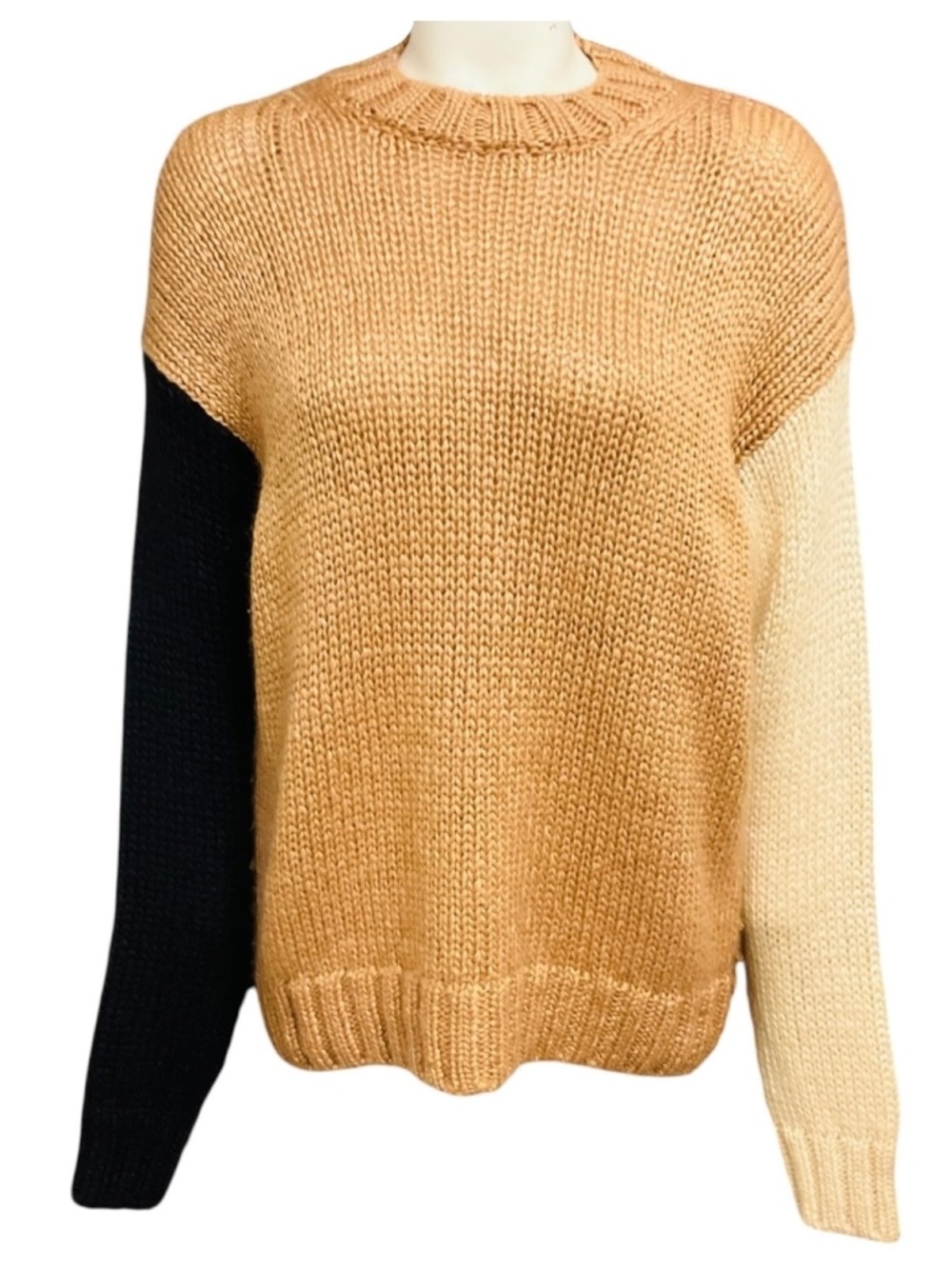 ALANUI TAN / BEIGE / BLACK FRINGED KNIT PULLOVER SWEATER